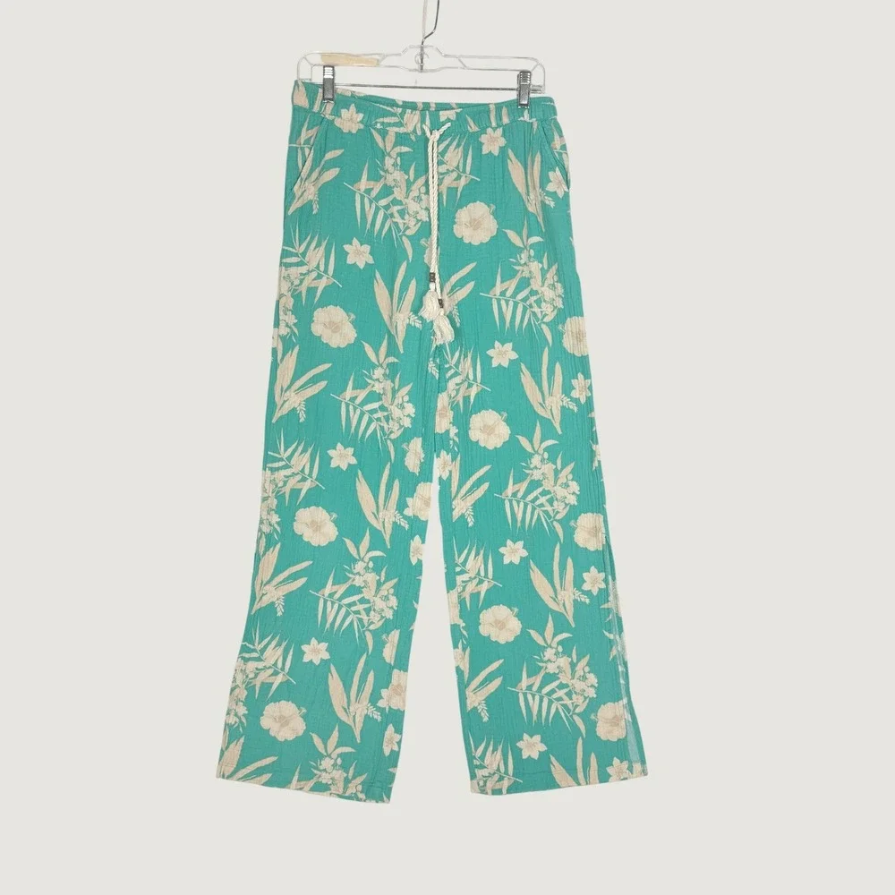 PJ Salvage Teal Green Tropical Floral Gauze 2 Piece Pajama Set Cami Pants Small